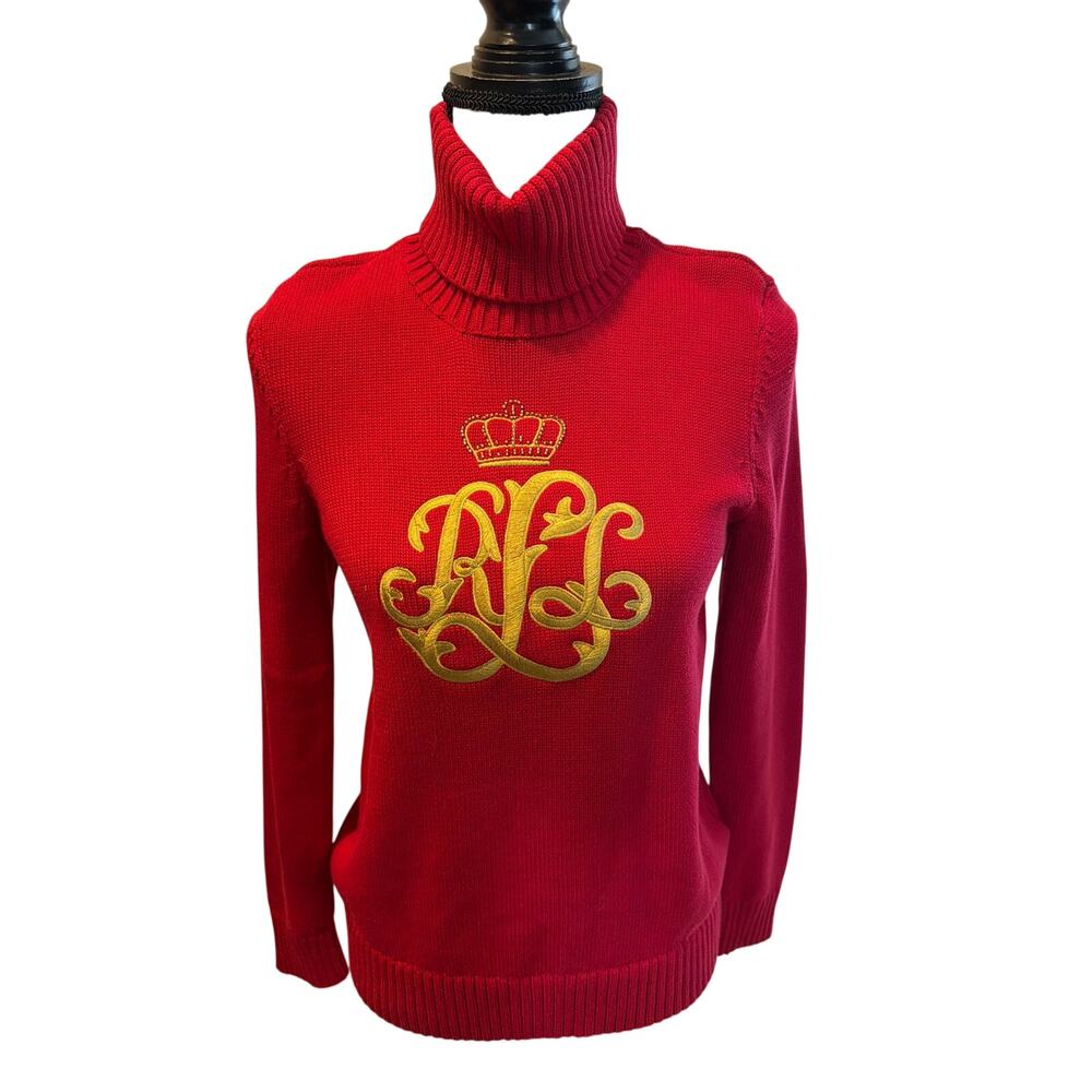 ⭐️ Women’s Ralph Lauren Black Label Red Turtleneck Sweater W/Crest Size Medium